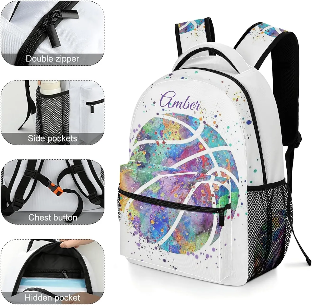 Basketball Watercolor Art Backpack Personalized Name Waterproof for Boys Girls Gift