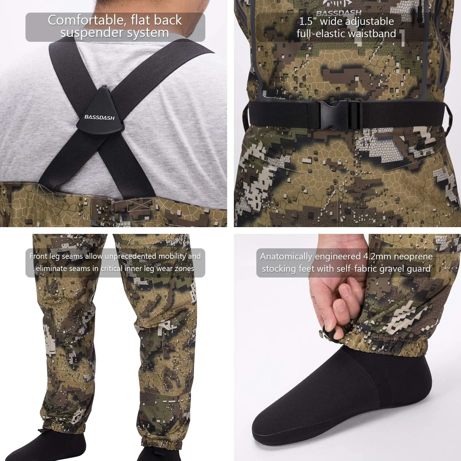 BASSDASH Breathable Ultra Lightweight Veil Camo Chest Stocking Foot Fishing Hunting Waders for Men