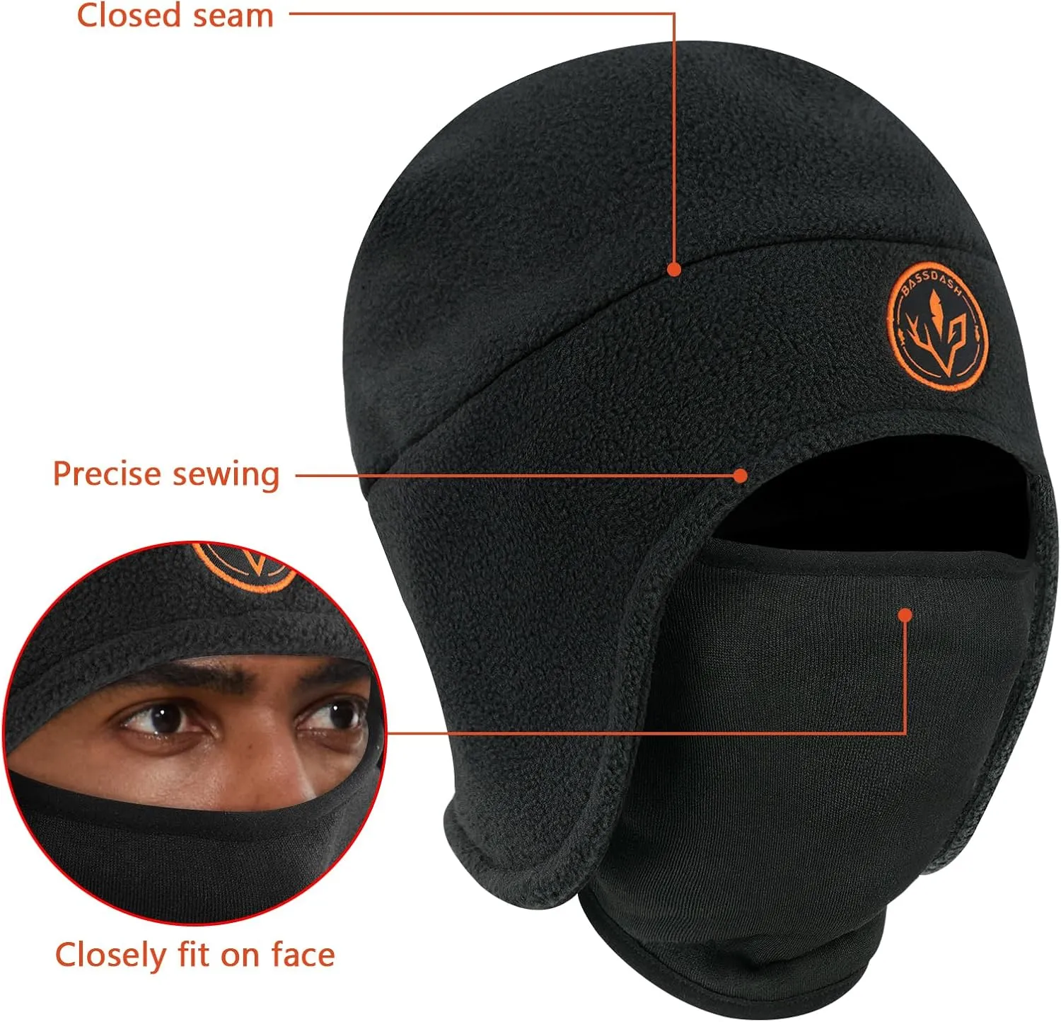BASSDASH Soft Fleece 2-in-1 Hat with Ski Mask Ear Flap Ice Fishing Hunting Beanie for Men Women Cold Weather Winter