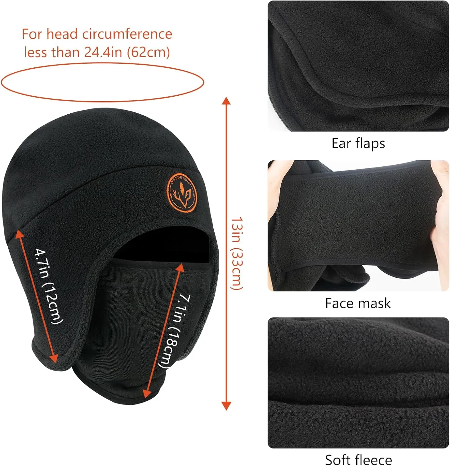 BASSDASH Soft Fleece 2-in-1 Hat with Ski Mask Ear Flap Ice Fishing Hunting Beanie for Men Women Cold Weather Winter