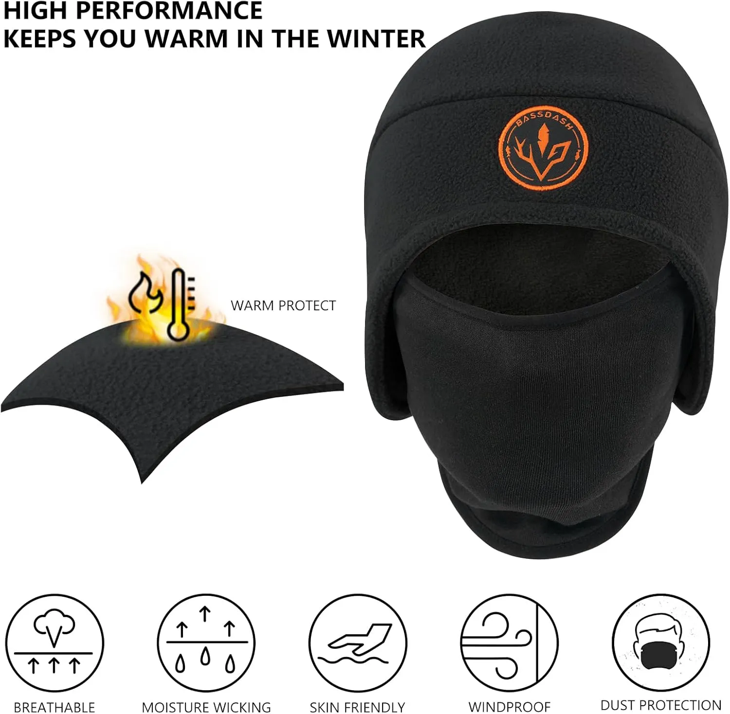 BASSDASH Soft Fleece 2-in-1 Hat with Ski Mask Ear Flap Ice Fishing Hunting Beanie for Men Women Cold Weather Winter