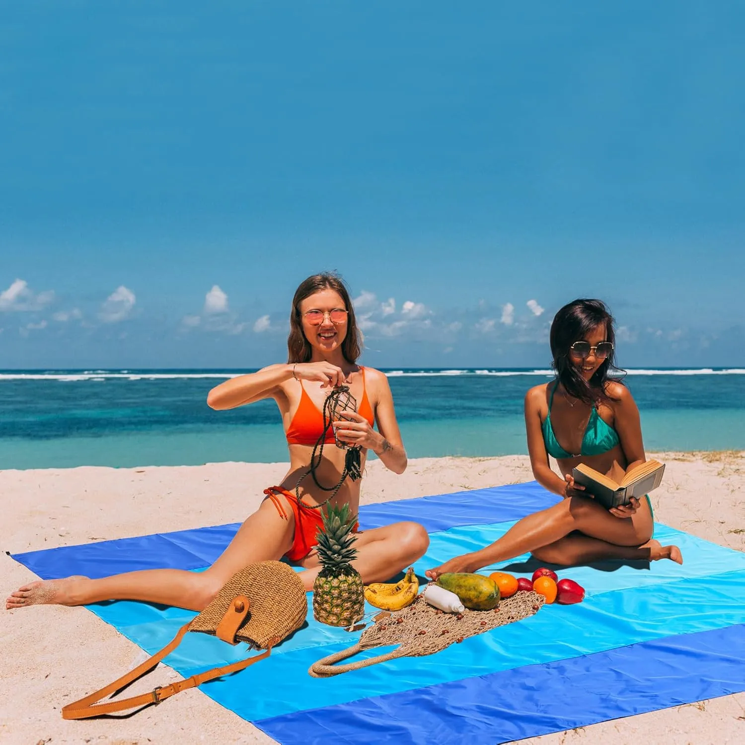 Beach Blanket with Pillow Sandproof Waterproof Extra Large Beach Mat Lightweight Compact Quick Drying with 4 Stakes&4 Corner Pockets 79"*83" for 1-4 Adults for Camping Picnic Travel Hiking