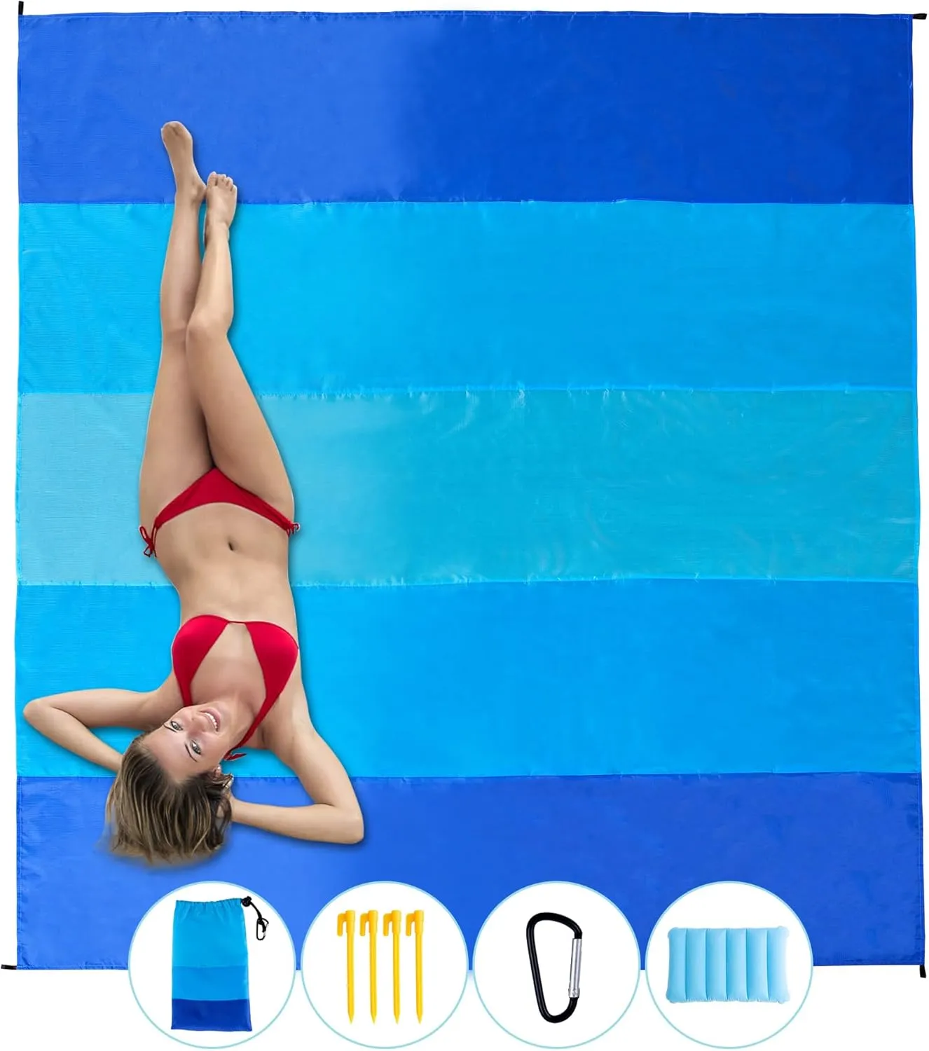 Beach Blanket with Pillow Sandproof Waterproof Extra Large Beach Mat Lightweight Compact Quick Drying with 4 Stakes&4 Corner Pockets 79"*83" for 1-4 Adults for Camping Picnic Travel Hiking
