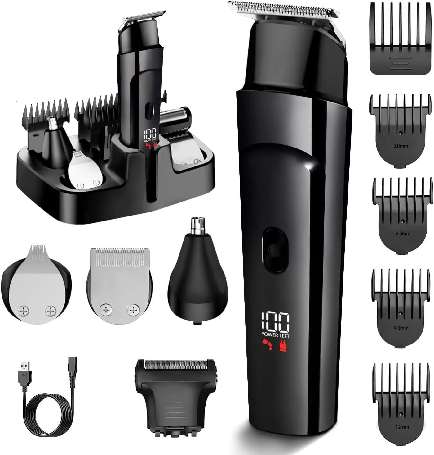 Beard Trimmer for Men - 5 in 1 Kit Electric Razor, Nose Hair Trimmer with LED Display, Cordless Mustache Body Face Grooming Kit, Waterproof Rechargeable Beard Shaver