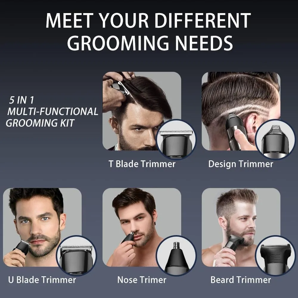 Beard Trimmer for Men - 5 in 1 Kit Electric Razor, Nose Hair Trimmer with LED Display, Cordless Mustache Body Face Grooming Kit, Waterproof Rechargeable Beard Shaver