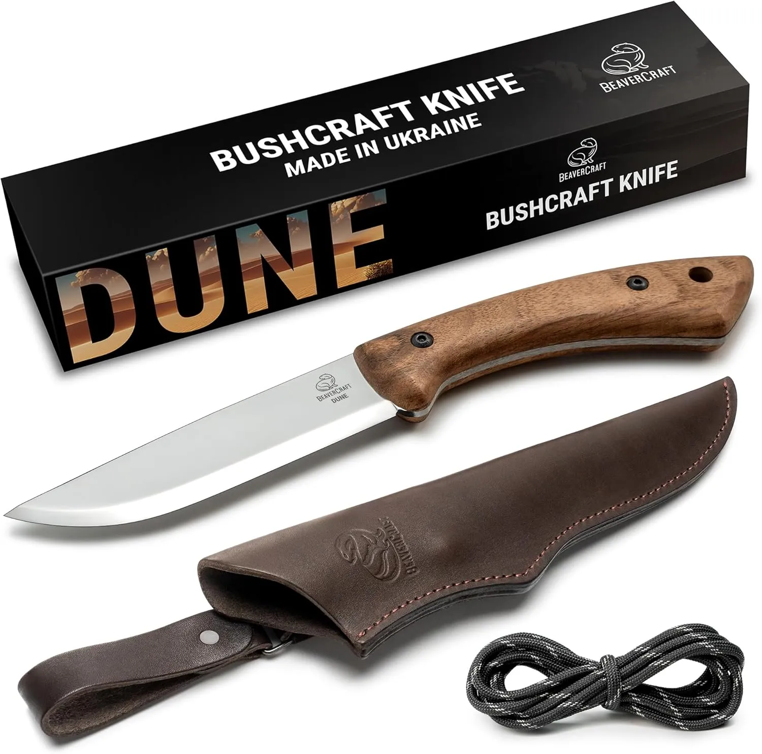 BeaverCraft Bushcraft Knife Full Tang Carbon Steel with Leather Sheath – Camping Bush Knife Fixed Blade – Outdoor Bushcraft Knives BSH1 Dune