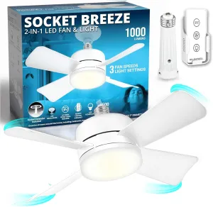Bell Howell Socket Breeze Socket Fan Light with Remote, Portable Small Ceiling Fans with Lights for Bedroom, Kitchen, Living Room, Ceiling Fan with Light 3500K, 1000 Lumens, Screws into E26/E27