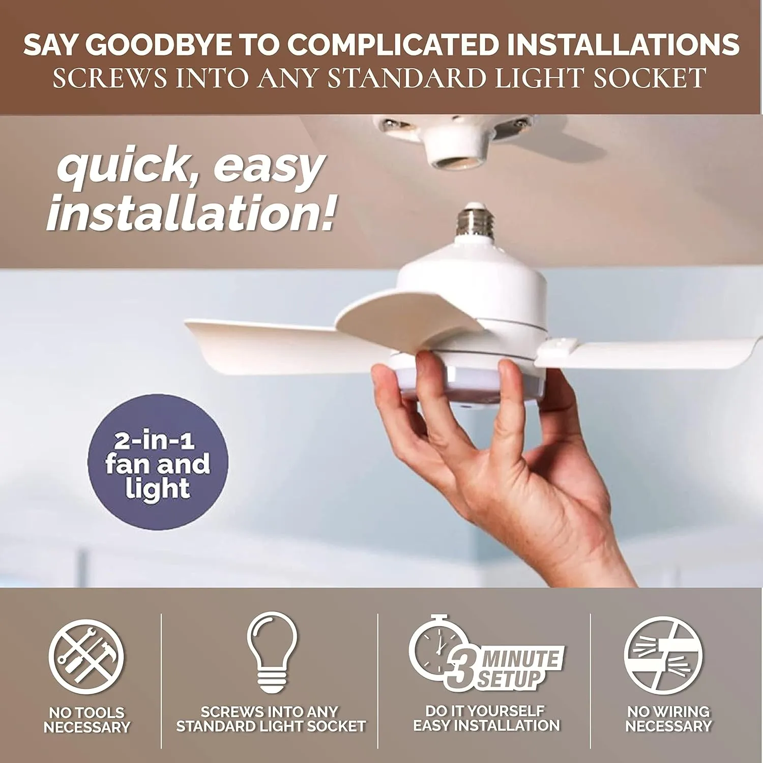 Bell Howell Socket Breeze Socket Fan Light with Remote, Portable Small Ceiling Fans with Lights for Bedroom, Kitchen, Living Room, Ceiling Fan with Light 3500K, 1000 Lumens, Screws into E26/E27