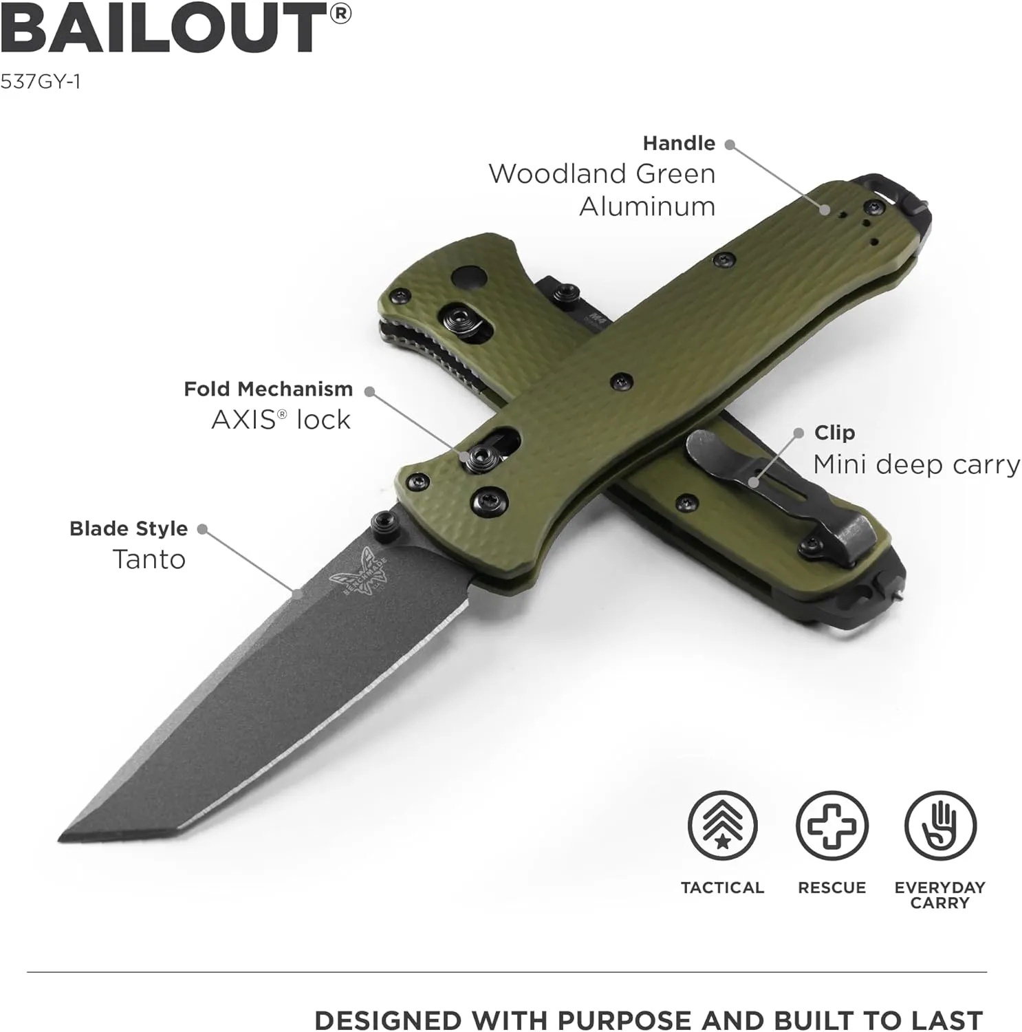 Benchmade - Bailout 537GY EDC Knife, Tanto Blade with Woodland Green Handle (537GY-1)