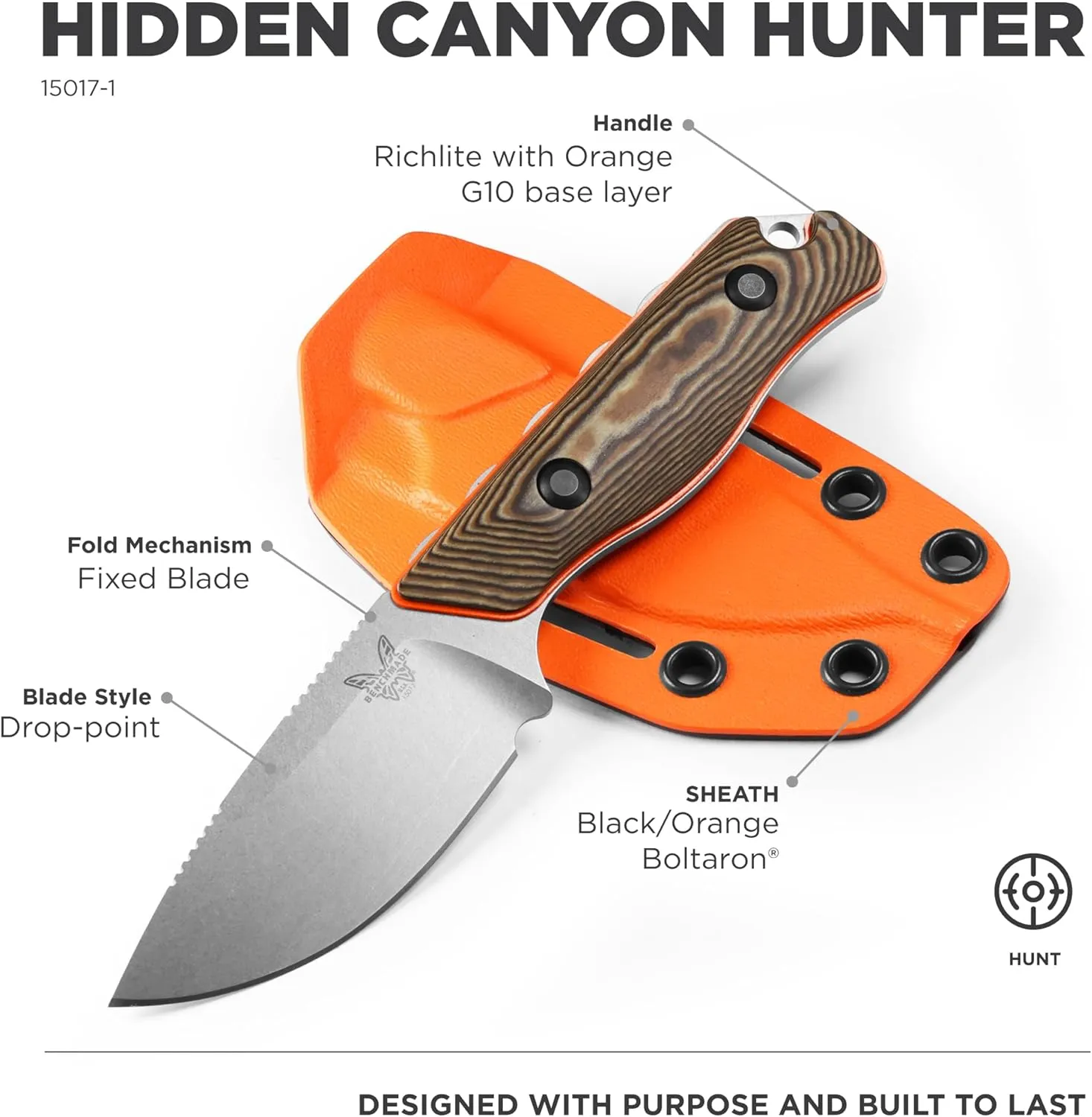 Benchmade - Hidden Canyon Hunter 15017-1 Fixed Blade Hunting Knife with Orange G10 Handle (15017-1)