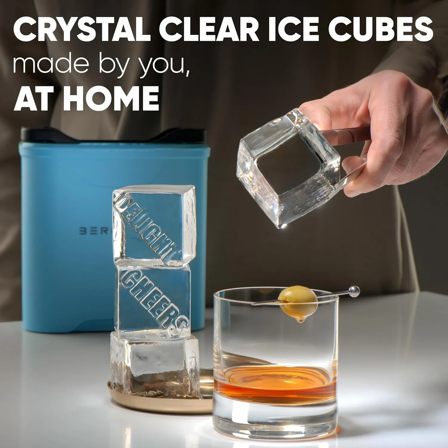 Berlinzo Premium Clear Ice Cube Maker Mold - Large 2.1-inch Crystal Clear Ice Square Cubes for Whiskey & Cocktails - Easy-to-Remove Ice Cubes Mold - Storage Bag & Silicone Inserts Included, Tiffany