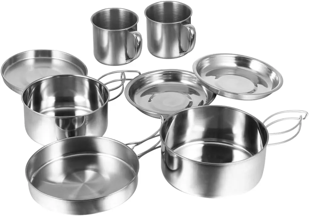BESPORTBLE Camping Cooking Set 8-Piece Stainless Steel Pot Pan Bowl Set Compact for Outdoor Activities Durable and Easy to Maintain