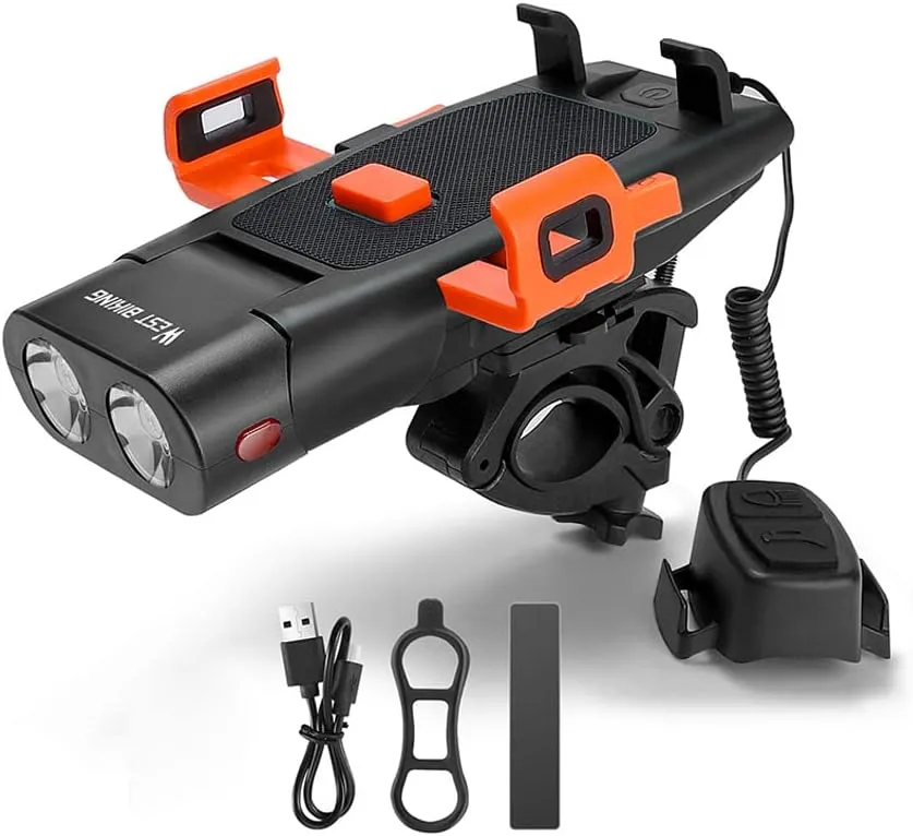 Bicycle headlamp,YIWENG 5in1 LED Bike Front Bracket Lamp Horn Mobilephone Holder Warning Bell Powerbanks MTB Bike Flashlight USB Rechargeable Cycling Accessories with 5 Alarm Sound Effects, Black