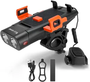 Bicycle headlamp,YIWENG 5in1 LED Bike Front Bracket Lamp Horn Mobilephone Holder Warning Bell Powerbanks MTB Bike Flashlight USB Rechargeable Cycling Accessories with 5 Alarm Sound Effects, Black
