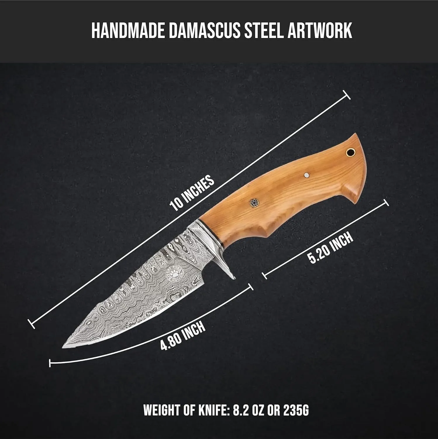 BIGCAT ROAR Handmade Damascus Hunting Knife - Bushcraft Fixed Blade Hunting Knife with Sheath and Olive Wood Handle - 10″ EDC Skinning Knife - Predator Hunter