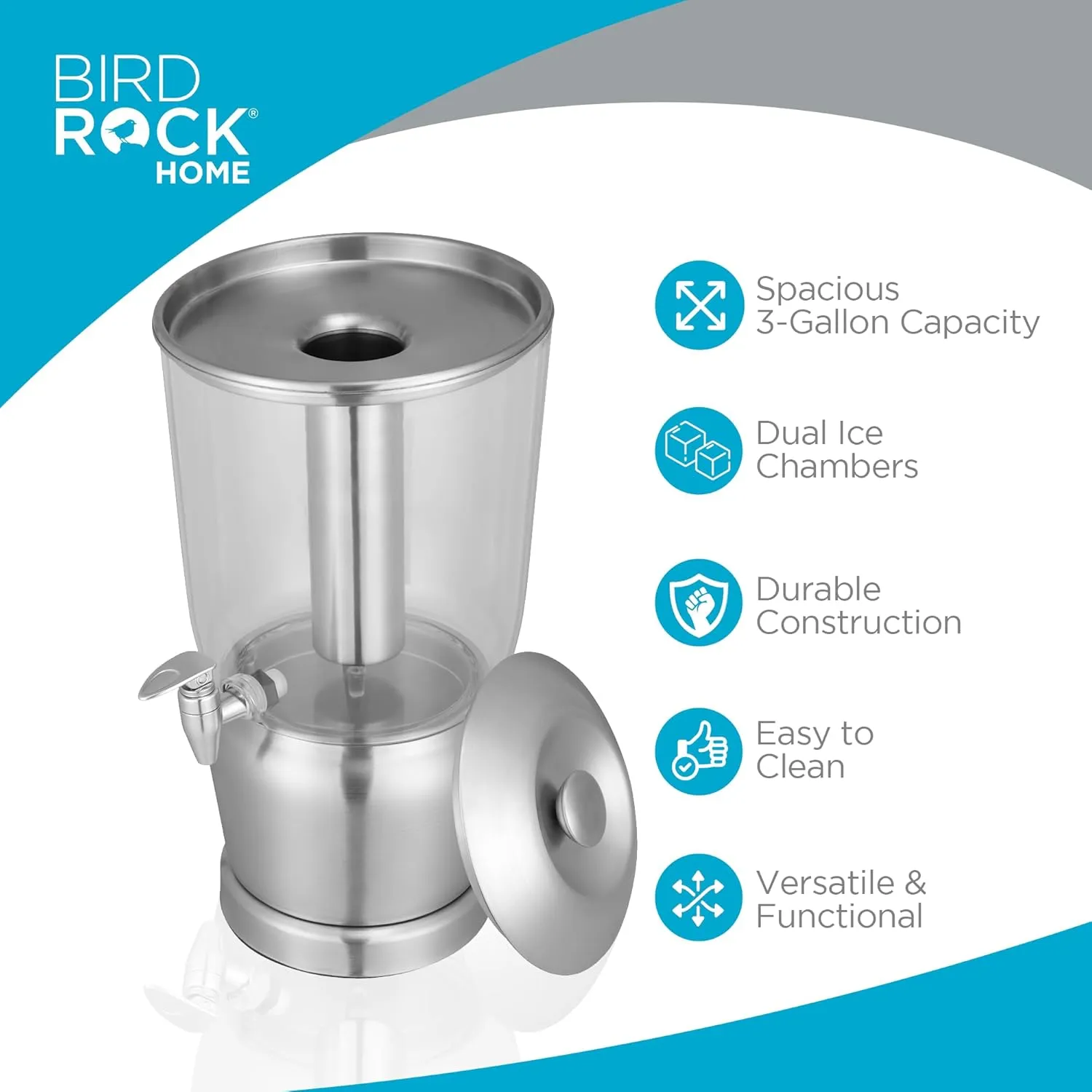 BIRDROCK HOME 3 Gallon Stainless Steel Beverage Dispenser with Ice Container, Spigot - Round - Lemonade Sangria Tea Water Drink Jar Jug - Home Parties - BPA Free Clear Tritan Plastic