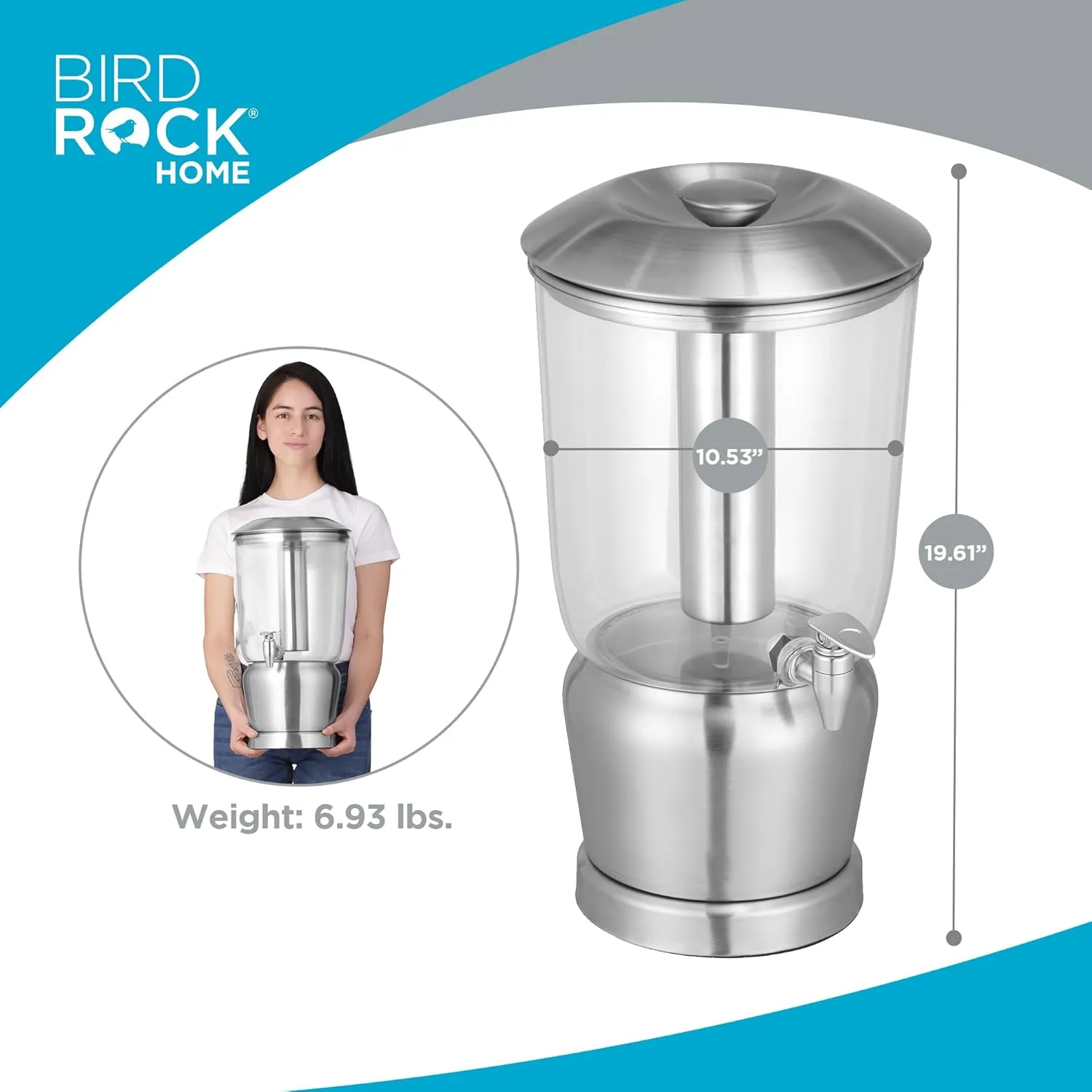 BIRDROCK HOME 3 Gallon Stainless Steel Beverage Dispenser with Ice Container, Spigot - Round - Lemonade Sangria Tea Water Drink Jar Jug - Home Parties - BPA Free Clear Tritan Plastic