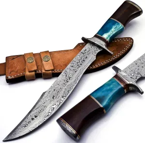 BK-41 Handmade Damascus Steel 15 Inches Bowie Knife - Solid Marindi Wood and Bull Horn Bone Handle With Leather Sheath (Case/Knife May Vary Slightly) (B/Blue)