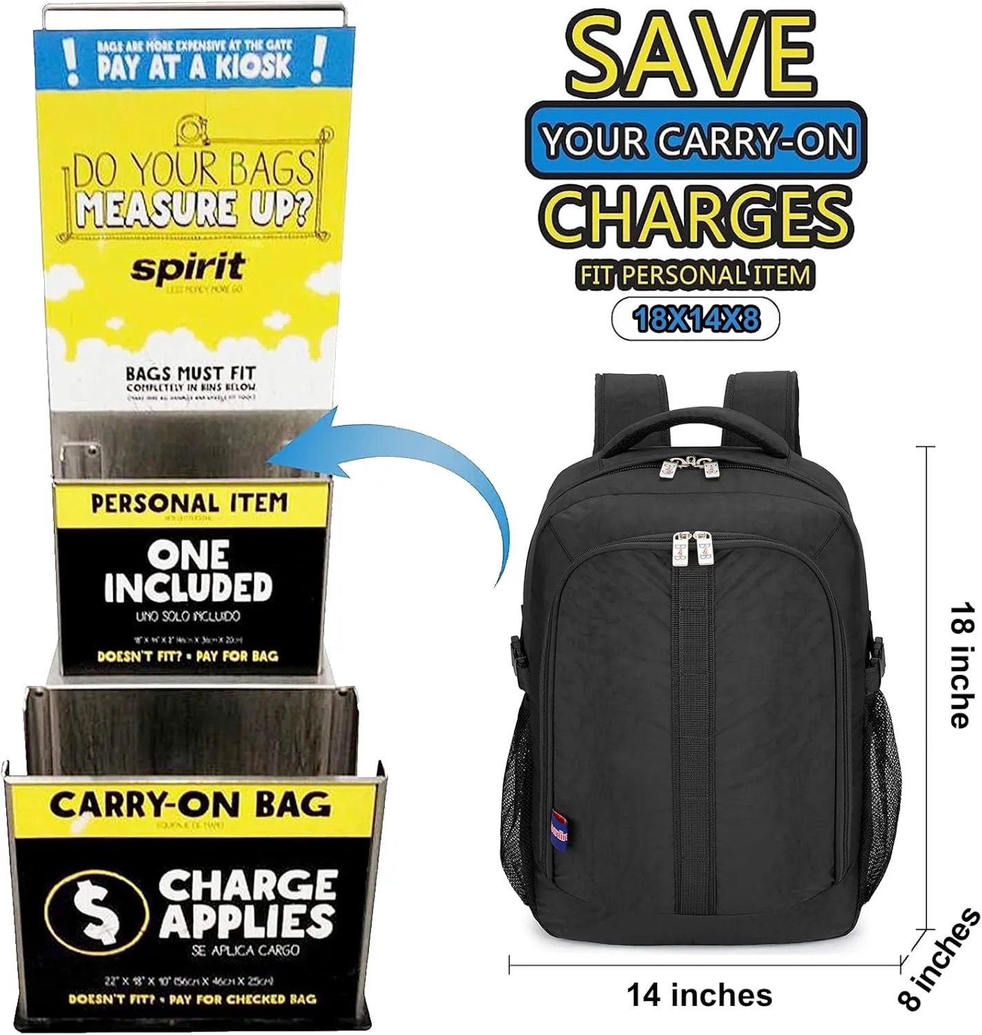 Boardingblue Under-Seat Backpack for Spirit, Frontier, American - Fits 18 x 13 x 8 Inches - Perfect Personal Item for Easy Air Travel - TSA Approved (Black)