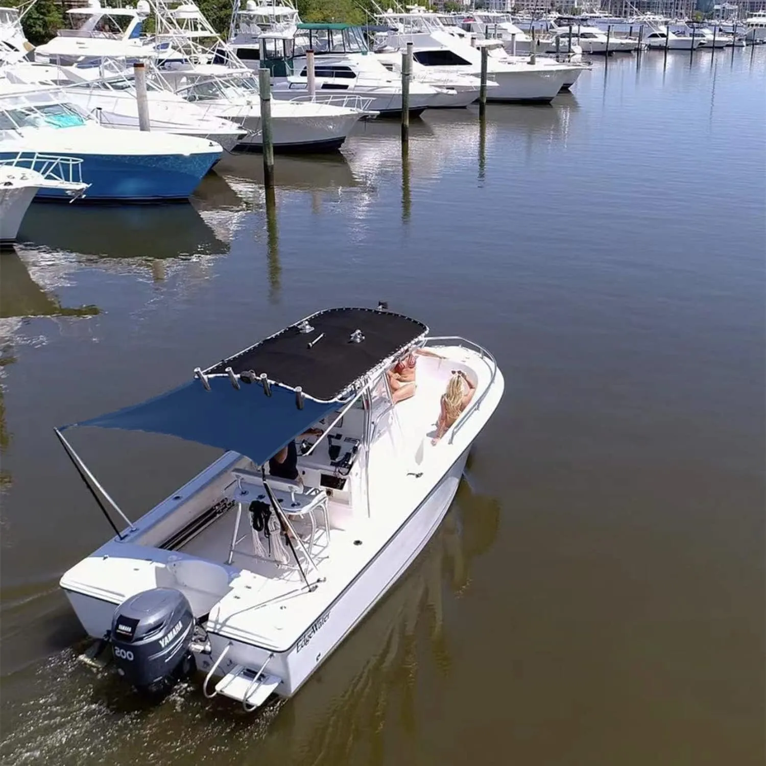 Boat Sun Shade Kit Boat Canopy, T-Top Boat Cover with Stainless Steel Telescopic Rod Foldable, High-Tech Polyester Fiber, Anti-Ultraviolet Dark Blue