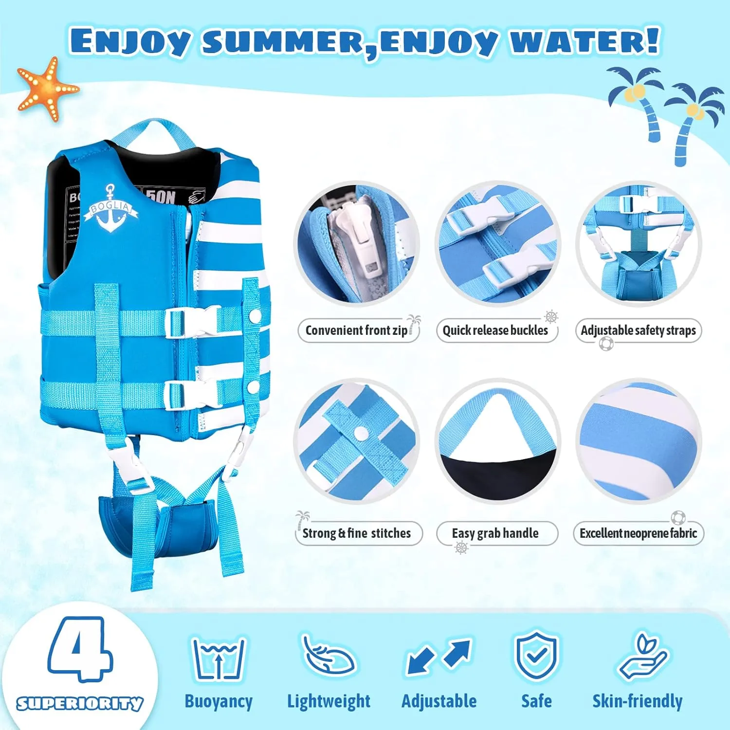 Boglia Toddler Swim Vests Jackets for Kids 20-30/30-50/50-90 Lbs 2 3 4 5 6 7 8 9yrs Infant Flaotie Boys Girls Pool Vest Neoprene Swimming Body Glove Float Vest PFD Learn to Swim