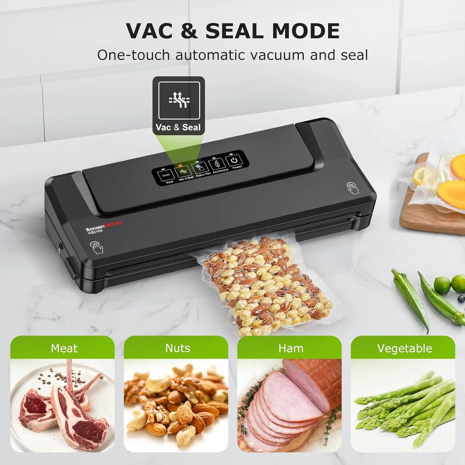 Bonsenkitchen Vacuum Sealer Machine   Mason Jar Sealer Kit, Fast-Compact/Multi-Functional Food Vacuum Sealer with External Vacuum System & 40 Vacuum Bags, Black