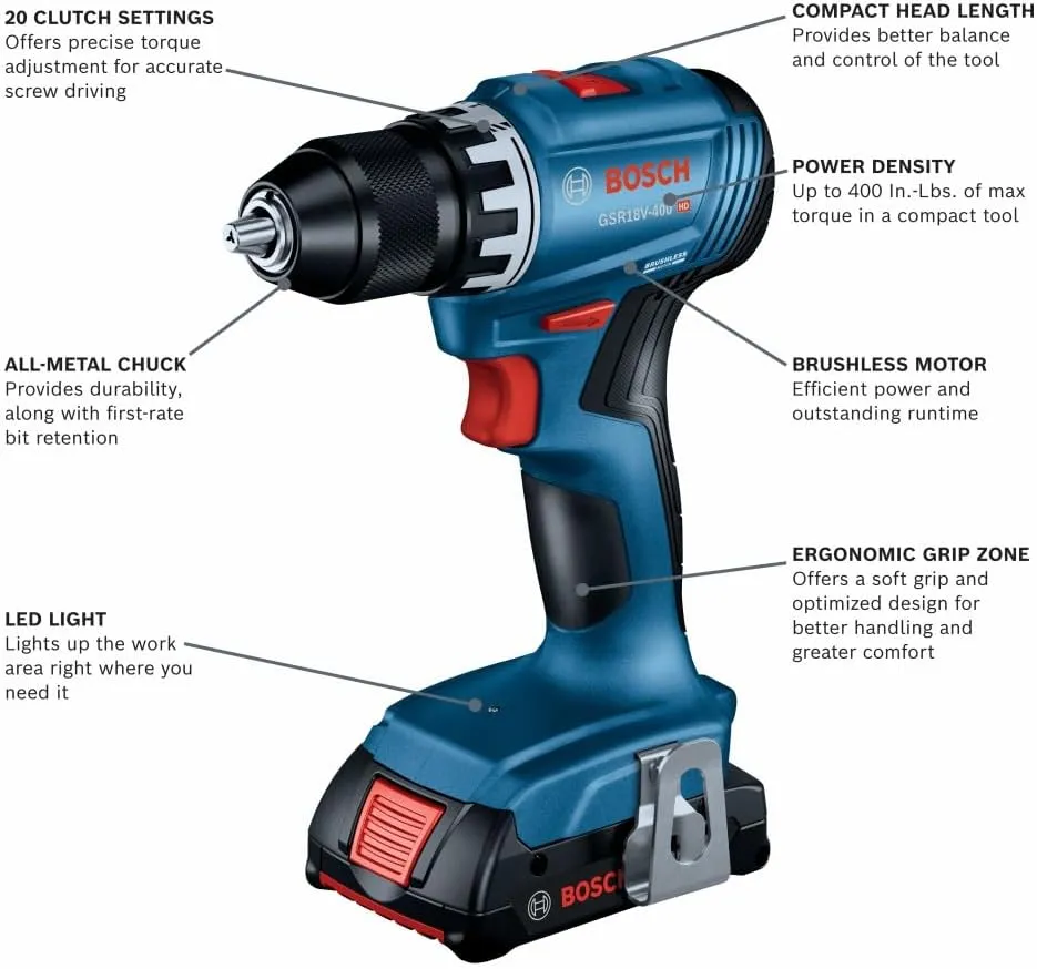 BOSCH GSR18V-400B12 18V Compact Brushless 1/2 In. Drill/Driver Kit with (1) 2.0 Ah SlimPack Battery