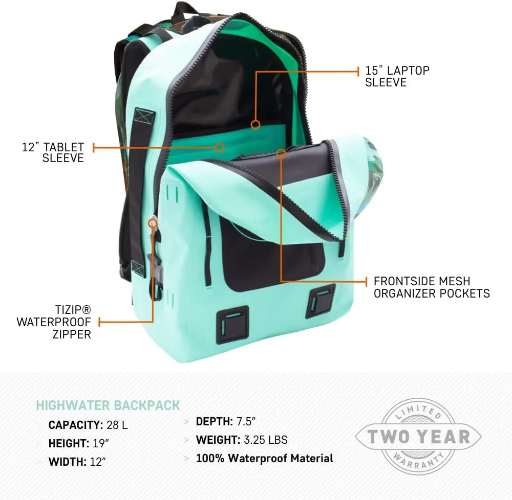 BOTE Highwater Backpack Waterproof Outdoor Zipper Dry Bag 28 Liter Capacity Molle Straps Fully Submersible Watersports Kayaking Fishing Hunting Boating