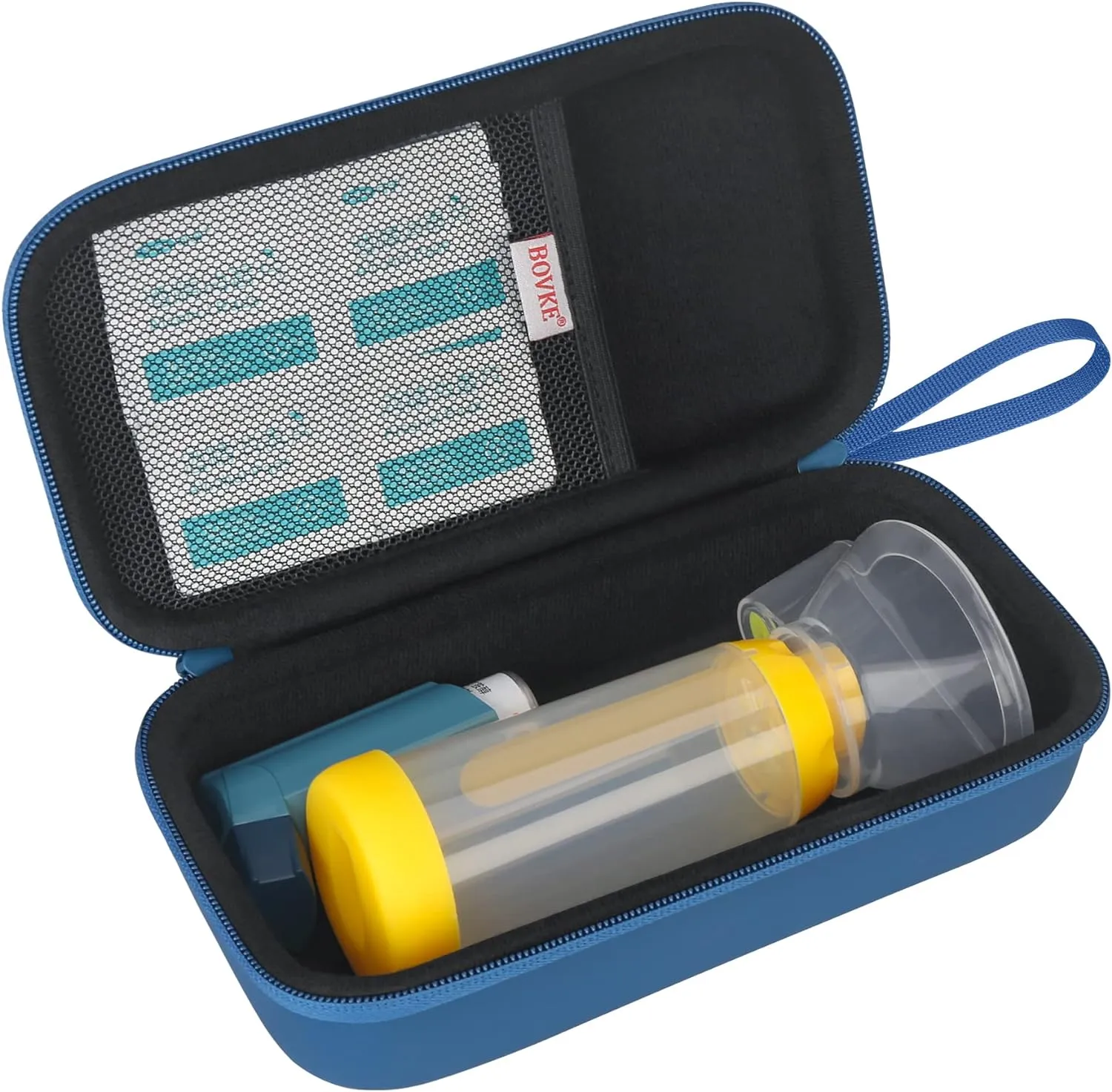 BOVKE Hard Travel Case for Asthma Inhaler, Inhaler Spacer for Kids and Adults, Masks, Inhaler Holder Asthma Carrying Bag with Mesh Pocket for Medicine and Other Accessories, Blue (Case Only)