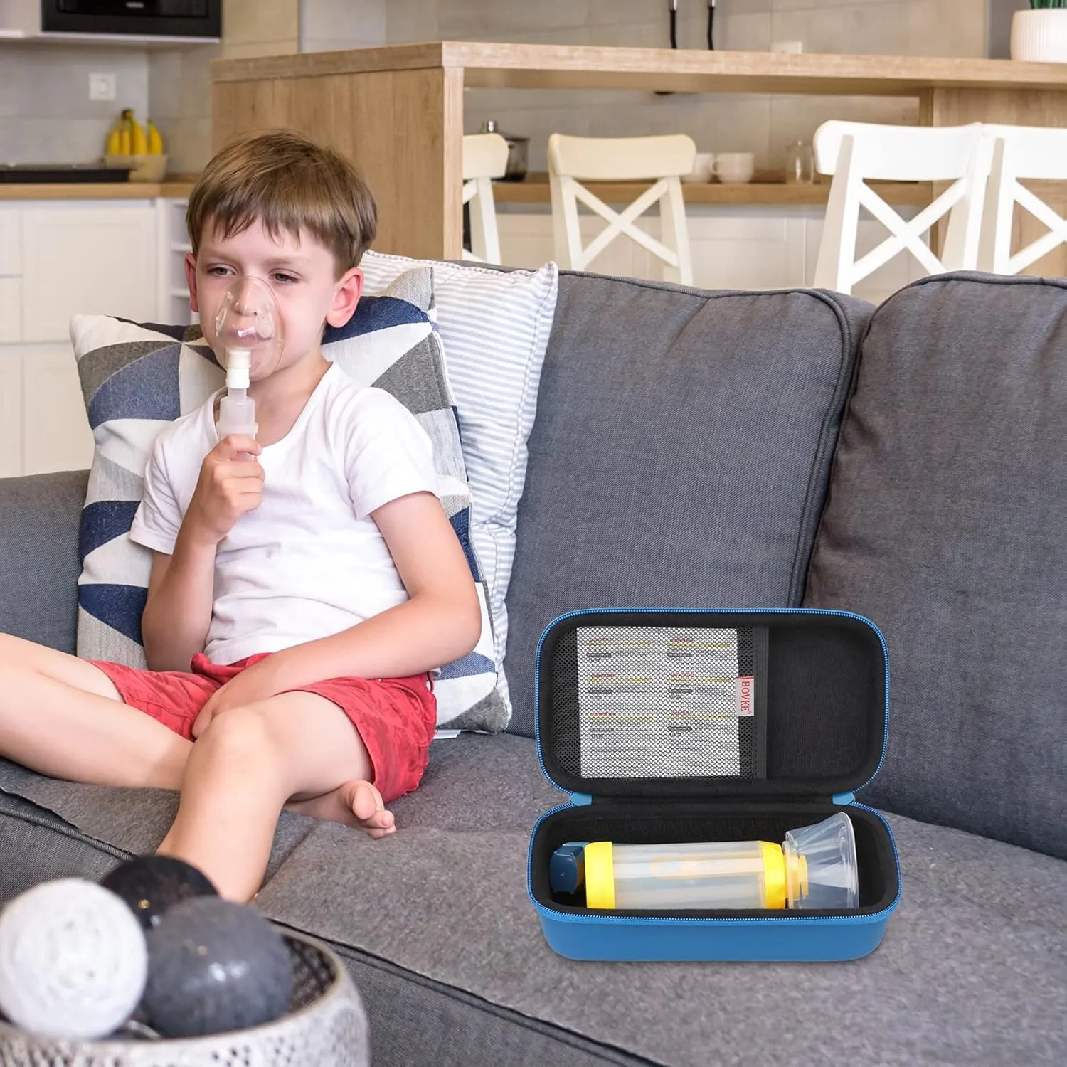 BOVKE Hard Travel Case for Asthma Inhaler, Inhaler Spacer for Kids and Adults, Masks, Inhaler Holder Asthma Carrying Bag with Mesh Pocket for Medicine and Other Accessories, Blue (Case Only)