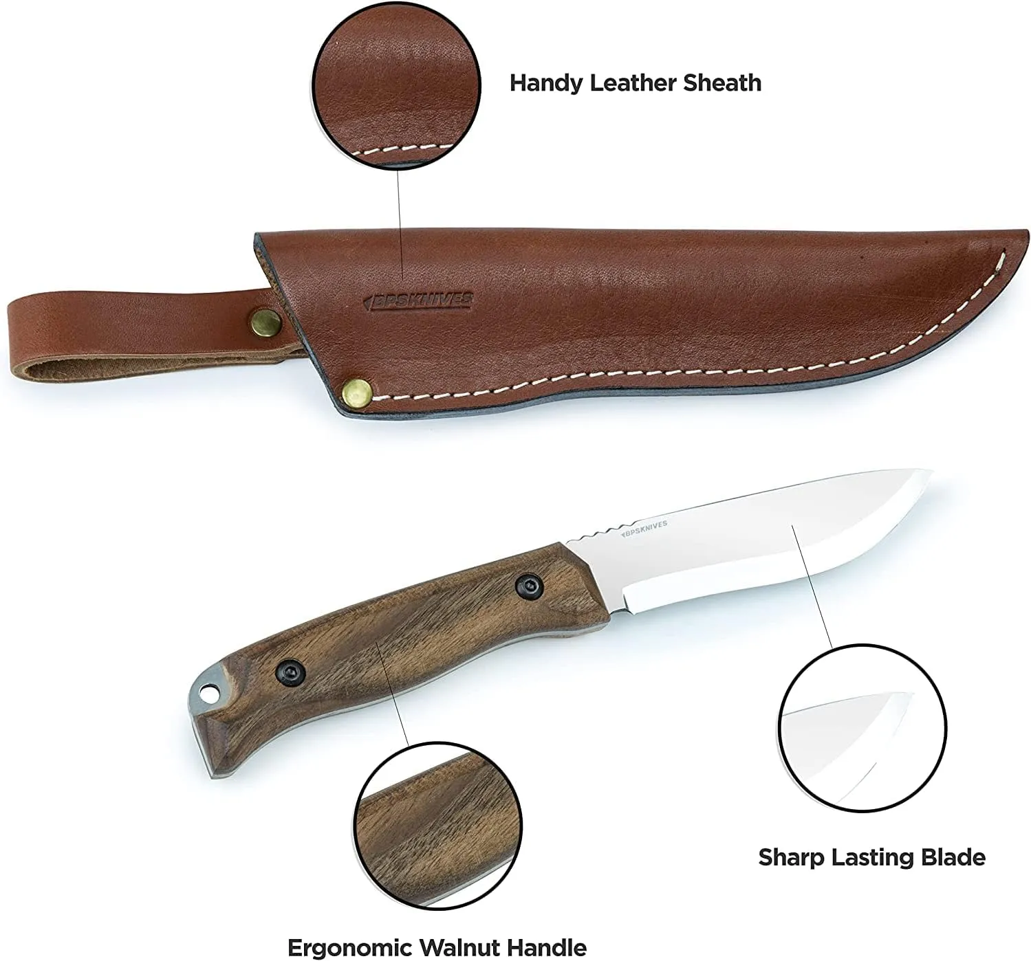 BPS Knives HK1 SSH - Handmade Stainless Steel Knife - Fixed Blade Full Tang Hunting Knives - Camping Bushcraft Knife With Leather Sheath - Outdoor Survival Camp Knives