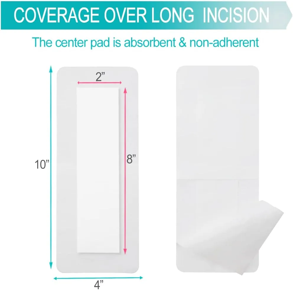 Breathable Waterproof Adhesive Island Dressing for Knee/Hip Replacement Wound Incisions Bandages Bordered Gauze 4"X10" with 2"x8" Non Stick Pad No More Wounds Sticking Pack of 20