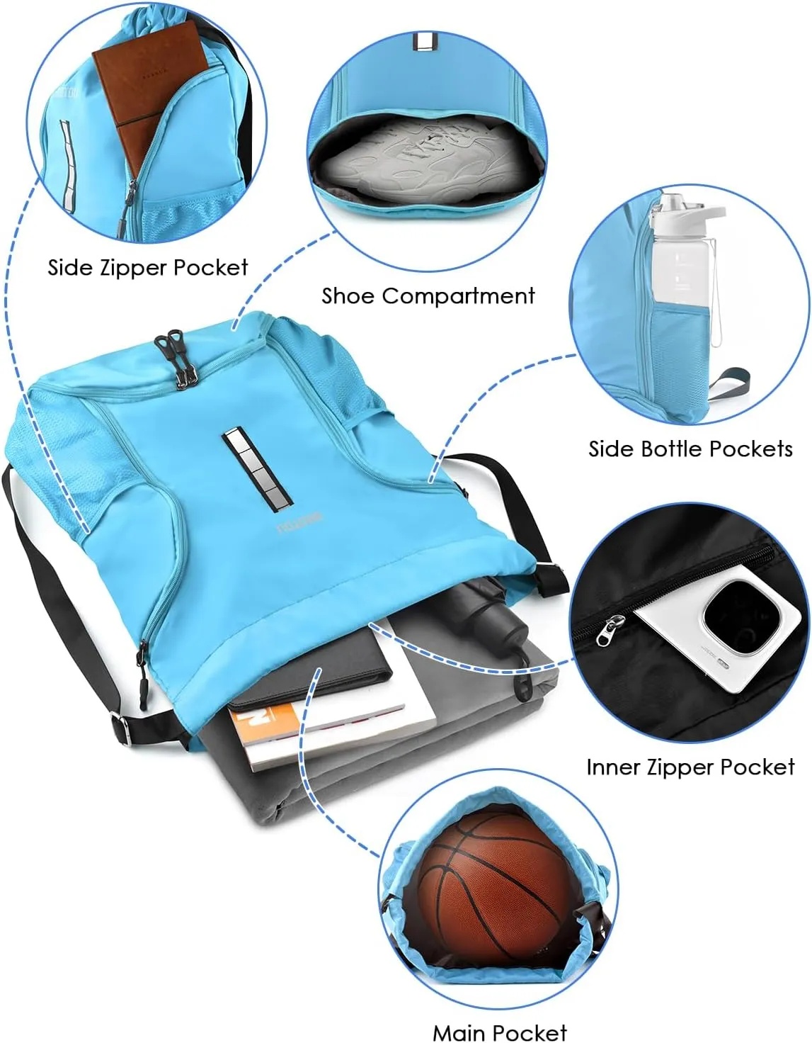 BROTOU Soccer Drawstring Backpack, Basketball Bag, Volleyball Football Bags with Ball and Shoe Compartment