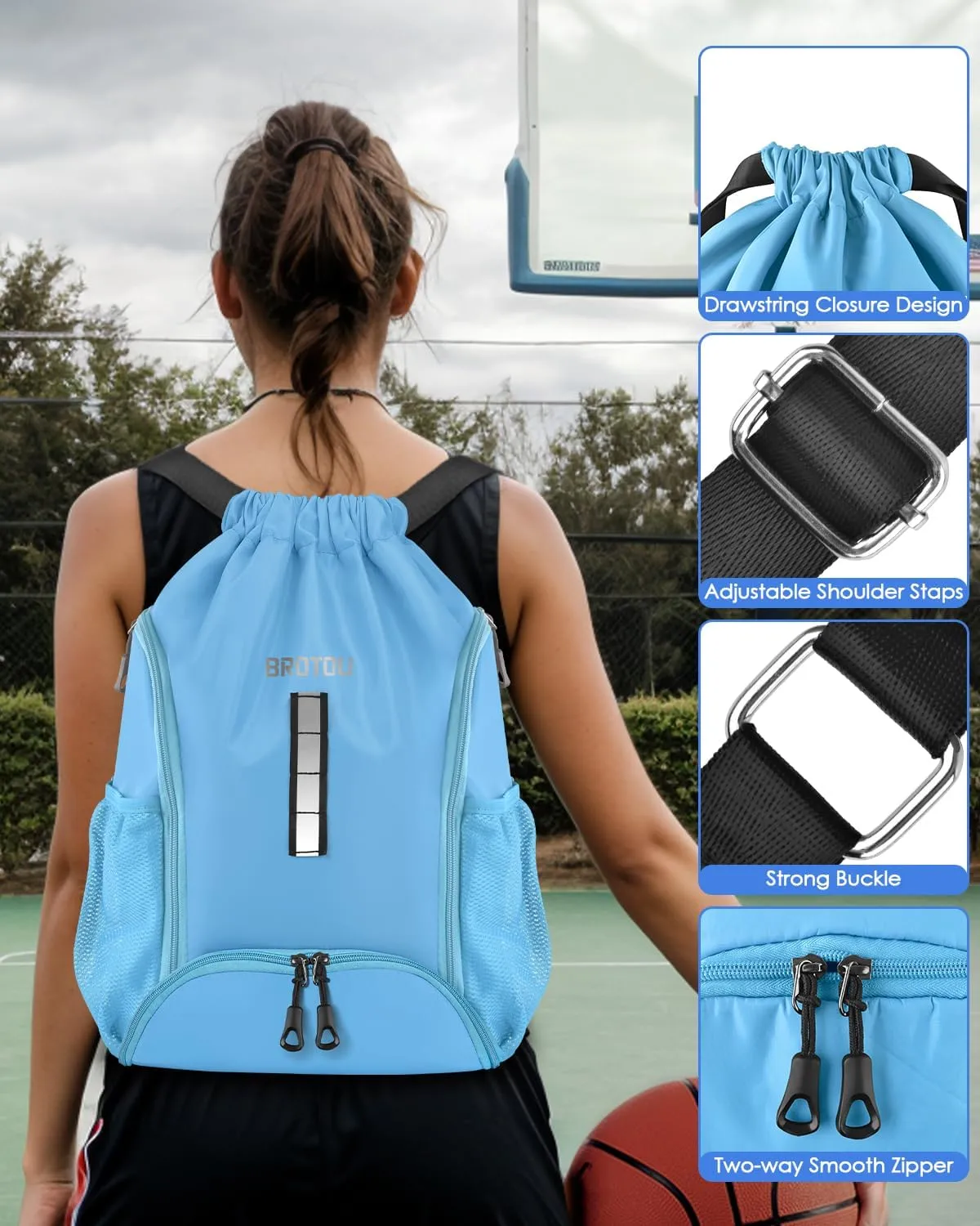 BROTOU Soccer Drawstring Backpack, Basketball Bag, Volleyball Football Bags with Ball and Shoe Compartment
