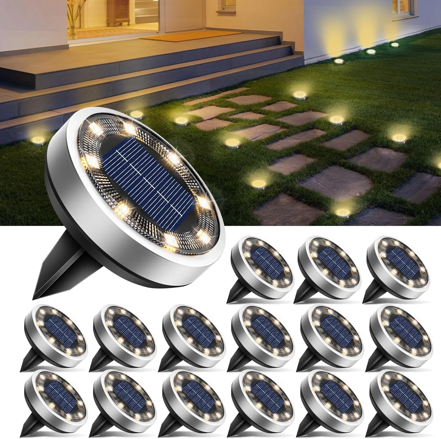 btfarm 16 Pack Solar Ground Lights Outdoor, 8 LED Disc Lights IP65 Waterproof Flat Light, Pathway Light Solar Powered for Garden Lawn Patio Yard Path Landscape, Warm White