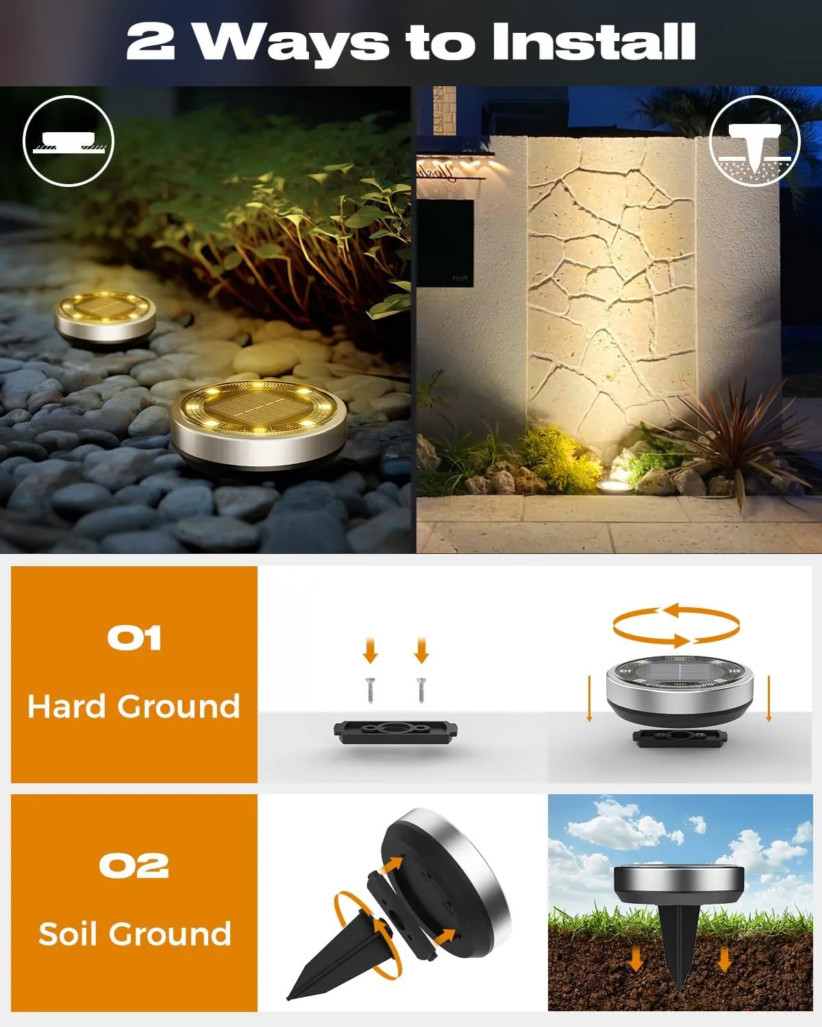 btfarm 16 Pack Solar Ground Lights Outdoor, 8 LED Disc Lights IP65 Waterproof Flat Light, Pathway Light Solar Powered for Garden Lawn Patio Yard Path Landscape, Warm White