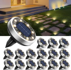 btfarm 16 Pack Solar Ground Lights Outdoor, 8 LED Disc Lights IP65 Waterproof Flat Light, Pathway Light Solar Powered for Garden Lawn Patio Yard Path Landscape, Warm White