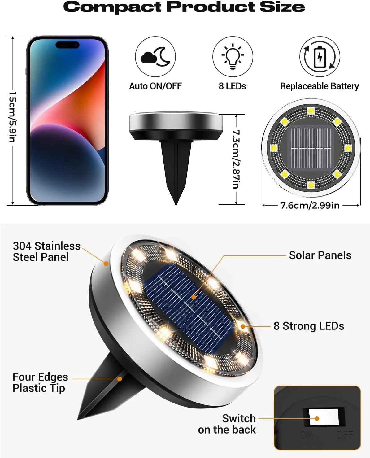 btfarm 16 Pack Solar Ground Lights Outdoor, 8 LED Disc Lights IP65 Waterproof Flat Light, Pathway Light Solar Powered for Garden Lawn Patio Yard Path Landscape, Warm White