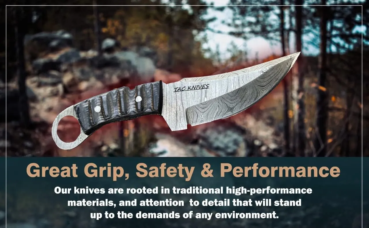 Bushcraft Survival Knife12T27 Damascus Steel Fixed Blade outdoor - Pakka Wood Handle - Pancake Leather Sheath - Traditional Field Knife for Camping , Fishing, Hunting , Men & Women - EDC Knife to Carry on Belt- (BLACK)