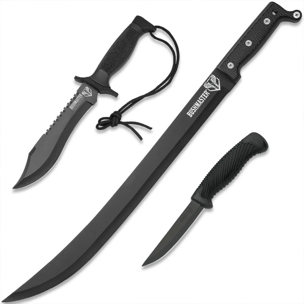 Bushmaster Survivor Squad Knife Set - Skinner, Bowie, Machete, Sharp Non-Reflective Stainless Steel Blades, ABS Handles, Includes Sheaths - Cutting and Chopping, Great for Wilderness Survival