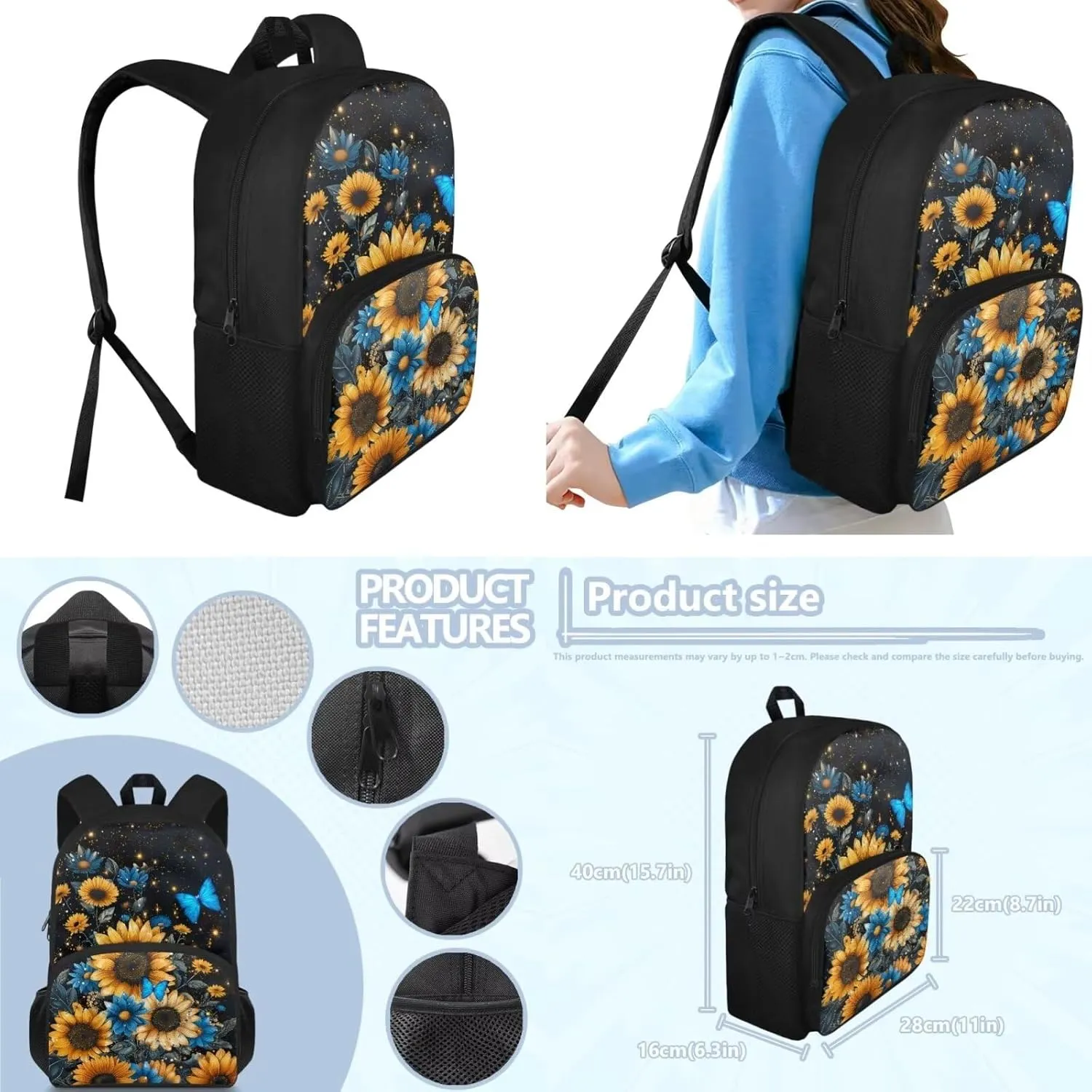 Butterfly Backpack for Girls Sunflower Backpack and Lunch Box Set Boys Girls 9-10 Preschool Supplies Essentials Aesthetic Bookbag Teen Girls School Backpack To Store Stationery