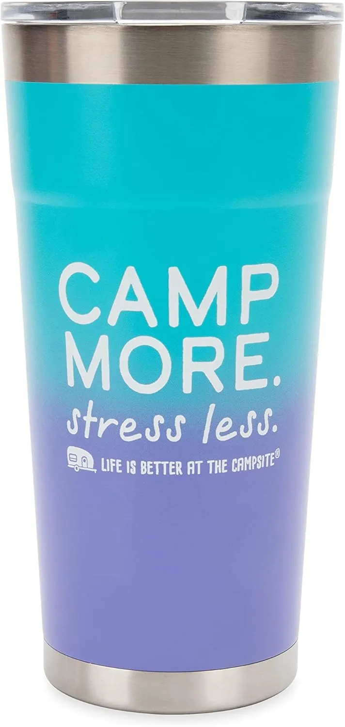 Camco Life is Better at The Campsite 20oz Painted Tumbler | Features Superior Heat and Ice Retention, Made of Kitchen-Grade Stainless Steel, and a Unique Design of Camp More. Stress Less (53317)