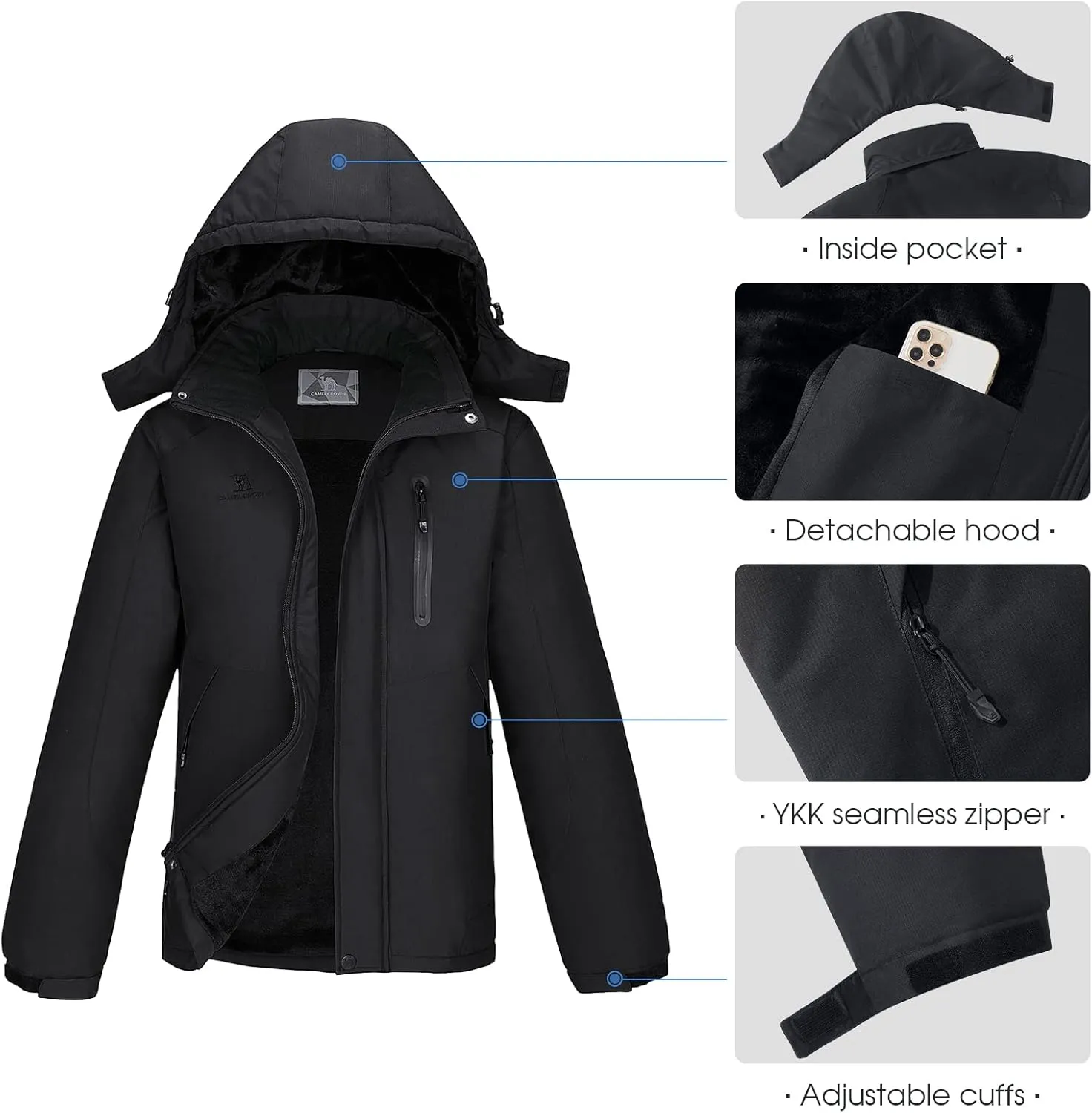 CAMEL CROWN Men's Mountain Waterproof Ski Jackets Warm Winter Snow Coat with Detachable Hood Windproof Rain Jacket