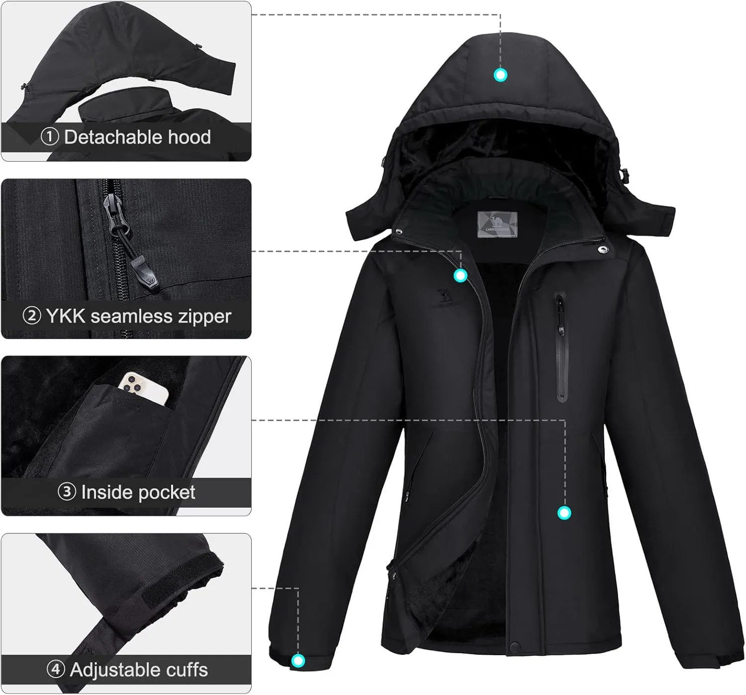 CAMEL Women's Warm Winter Ski Jackets Waterproof Snow Coat with Hood Mountain Windproof Rain Jacket