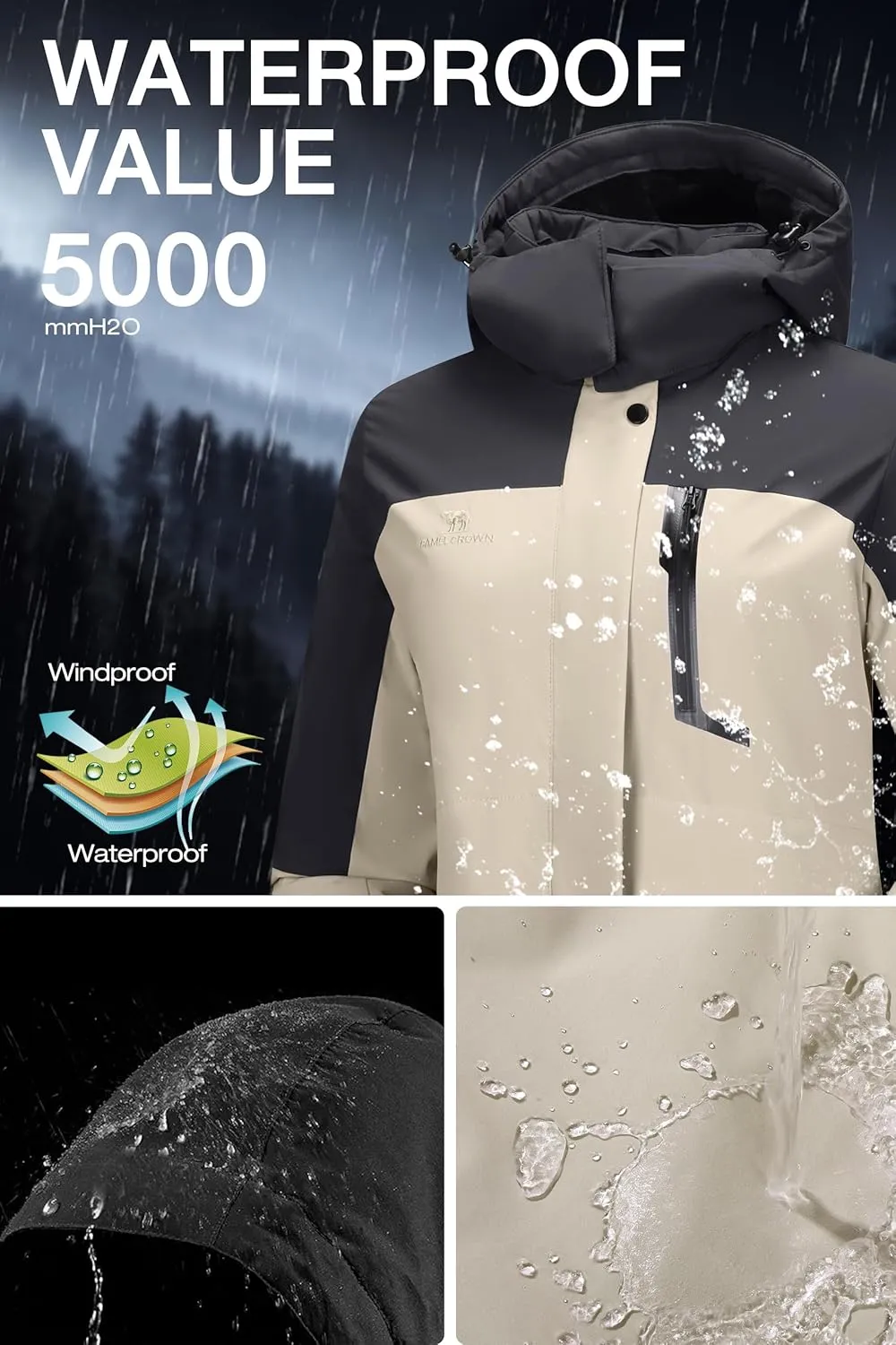 CAMELSPORTS Women's Waterproof Snow Ski Jakcet Fleece Warm Winter Coat Hooded Windproof Insulated Snowboarding Jacket