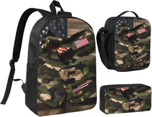 Camo American Flags print Backpack 3pcs Set Including 17 Inch Large BookBag With Lunch Bag And Practical Pen Bag