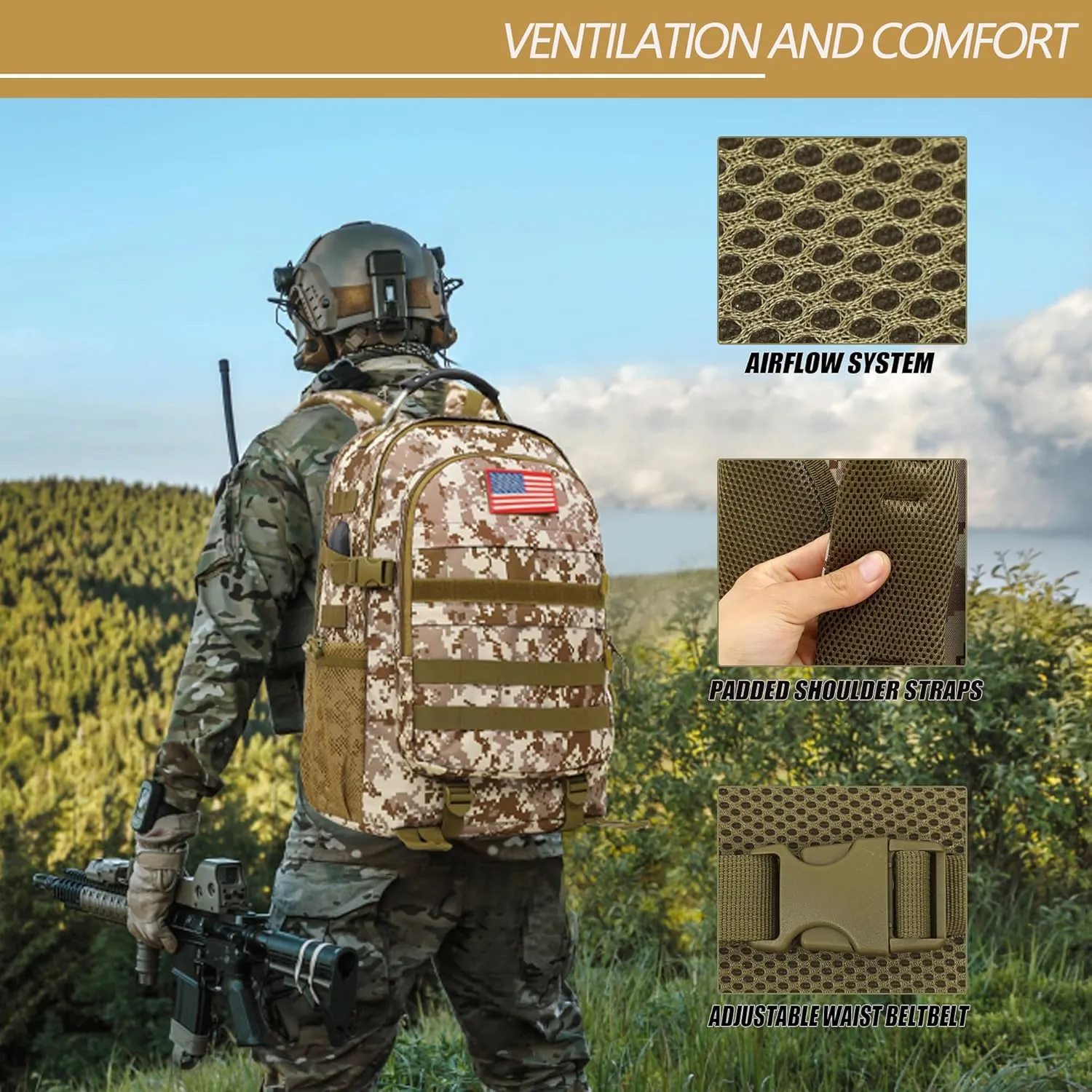 Camo Backpack 40L Military Elementary Middle School Boys Backpack Molle with USB Charging Port & Flag Patch