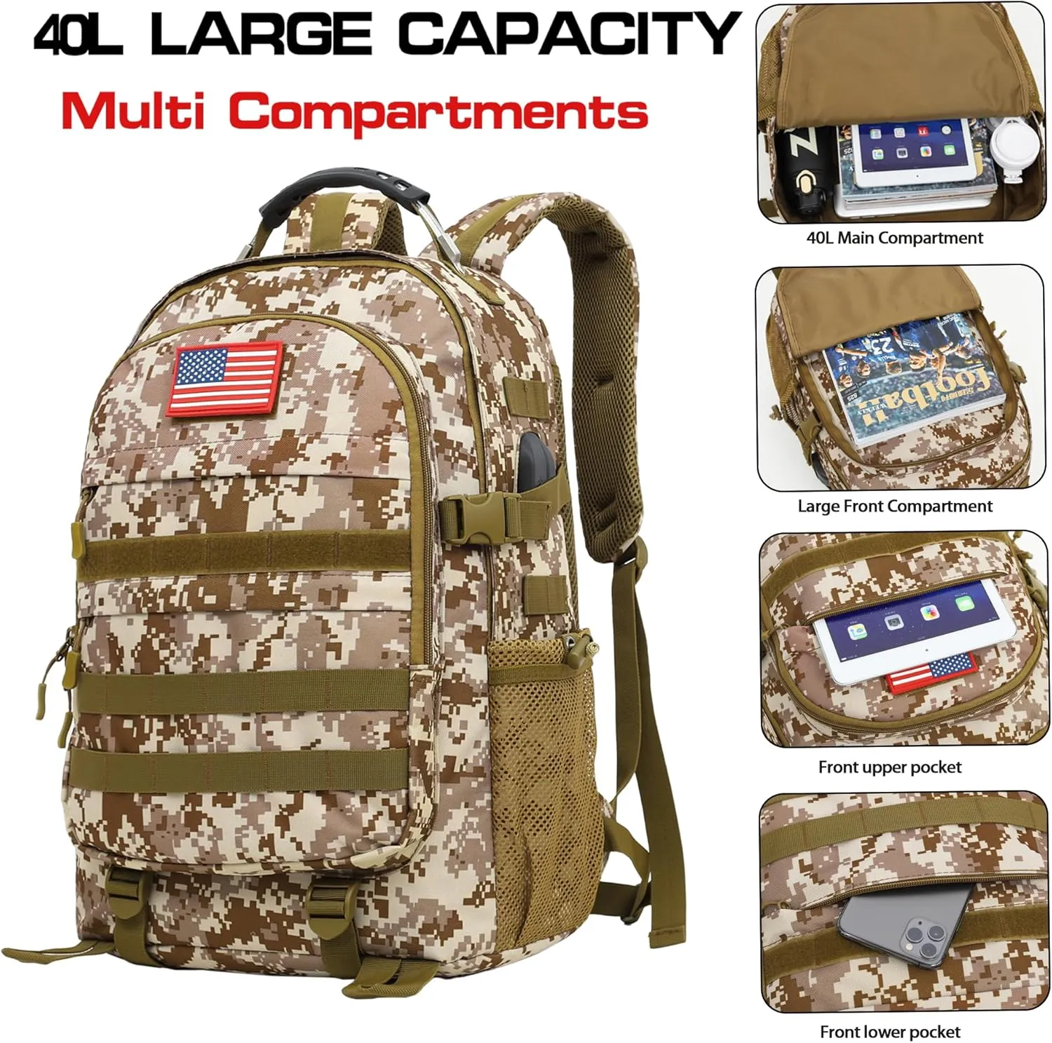 Camo Backpack 40L Military Elementary Middle School Boys Backpack Molle with USB Charging Port & Flag Patch