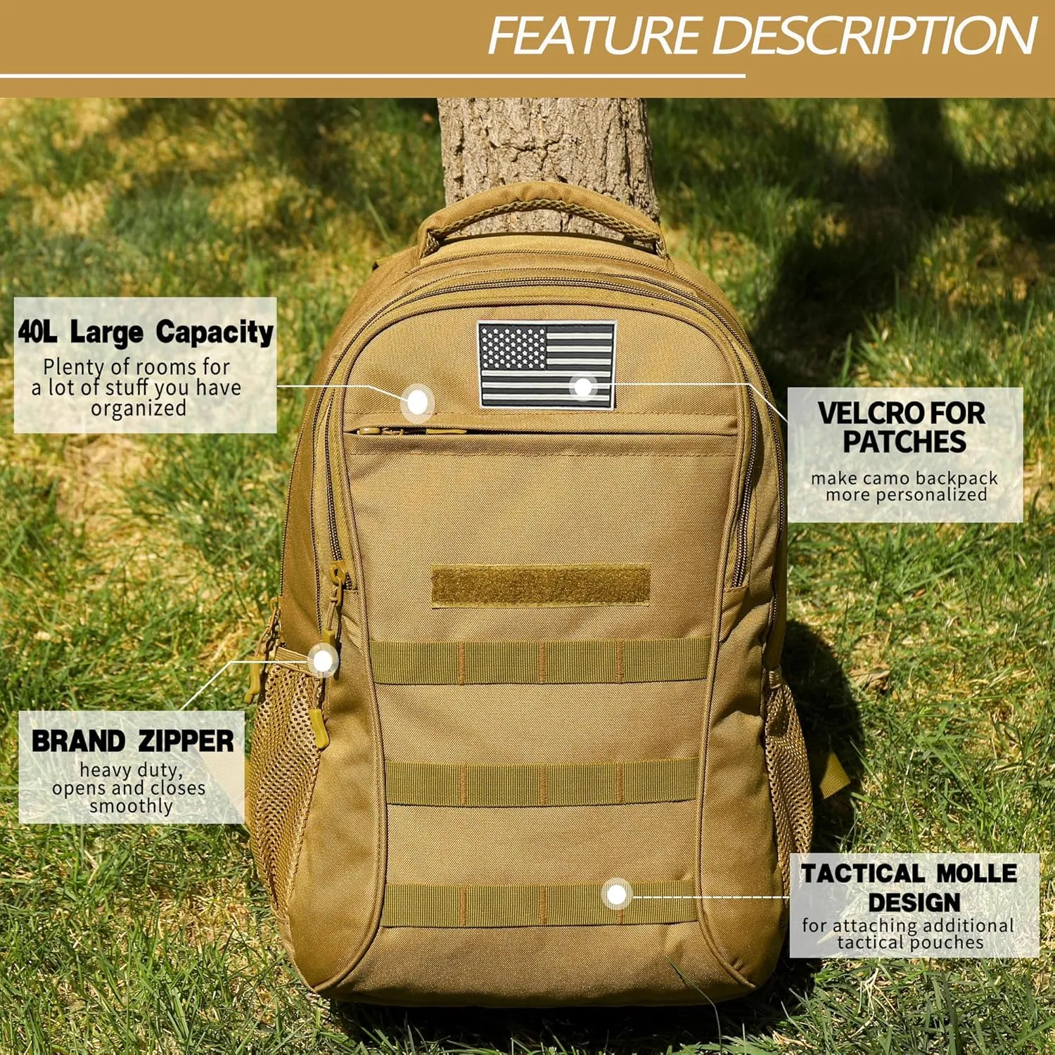 Camo Backpack 40L Military Elementary Middle School Boys Backpack Molle with USB Charging Port & Flag Patch