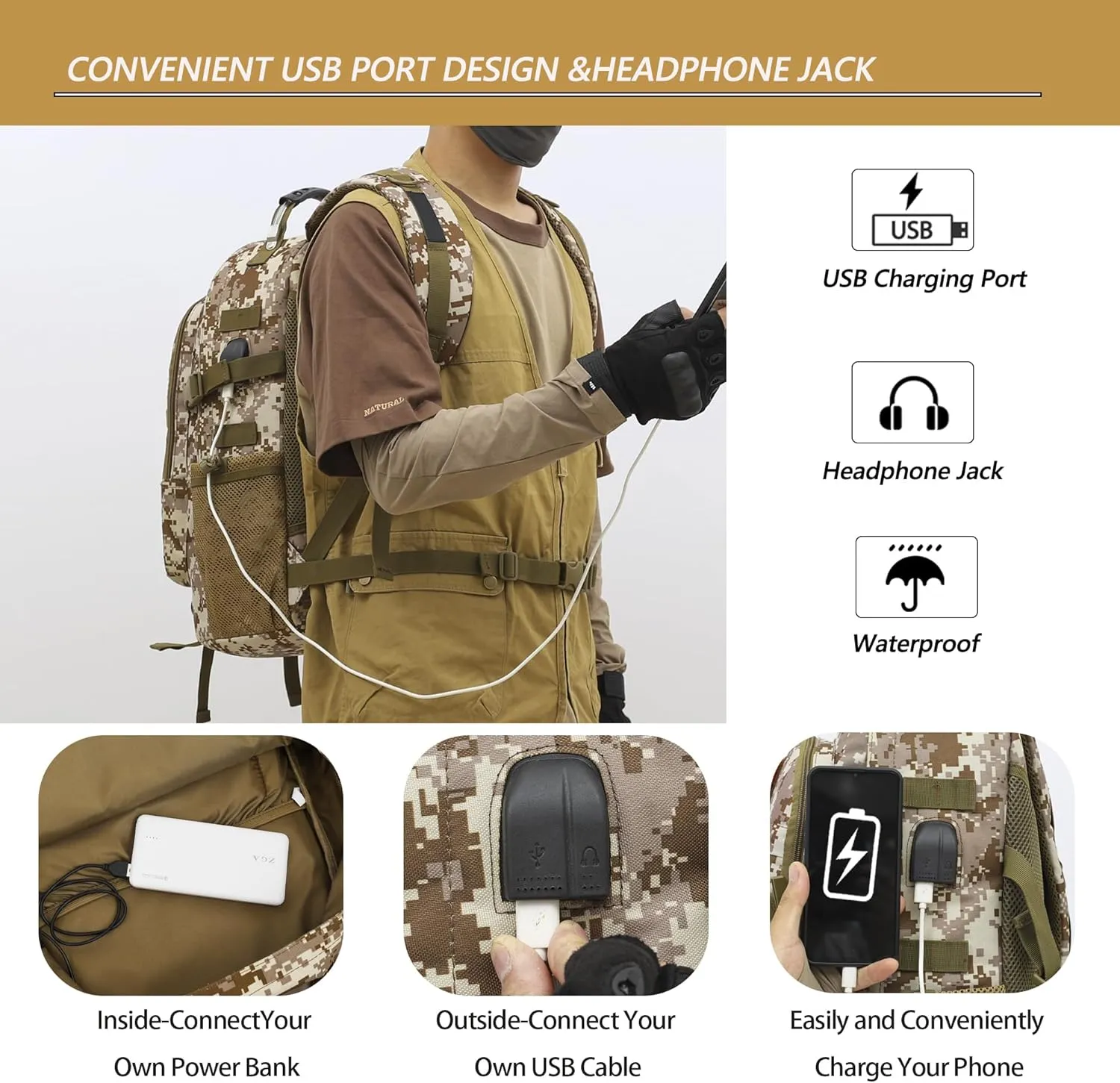Camo Backpack 40L Military Elementary Middle School Boys Backpack Molle with USB Charging Port & Flag Patch